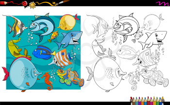 Cartoon Illustration of Fish Animal Characters Group Coloring Book Activity