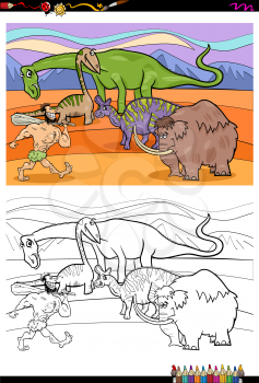 Cartoon Illustration of Prehistoric Characters Group Coloring Book Activity