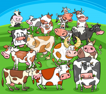Cartoon Illustration of Cows Farm Animal Characters Group
