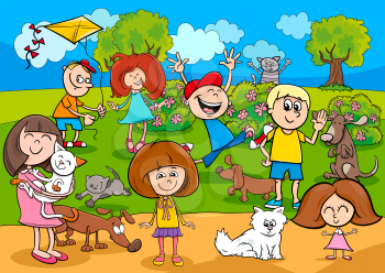 Cartoon Illustration of Kids with Pets Characters Group in the Park