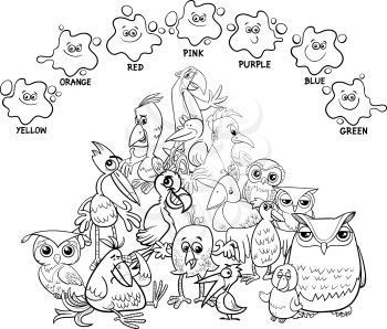 Black and White Cartoon Illustration of Basic Colors Educational Page for Children with Birds Animal Characters Coloring Book
