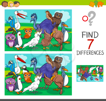 Cartoon Illustration of Finding Differences Between Pictures Educational Activity Game for Children with Birds Animal Characters Group