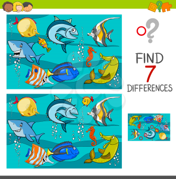 Cartoon Illustration of Finding Differences Between Pictures Educational Activity Game with Fish Animal Characters in the Sea