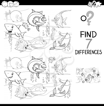 Black and White Cartoon Illustration of Finding Differences Between Pictures Educational Activity Game with Fish Animal Characters in the Sea Coloring Book