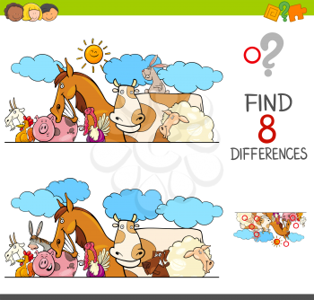 Cartoon Illustration of Finding Eight Differences Between Two Pictures Educational Activity Game for Kids with Farm Animal Characters Group