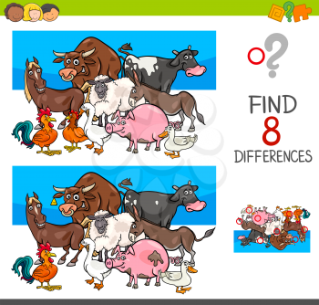 Cartoon Illustration of Finding Eight Differences Between Pictures Educational Activity Game for Kids with Farm Animal Characters Group