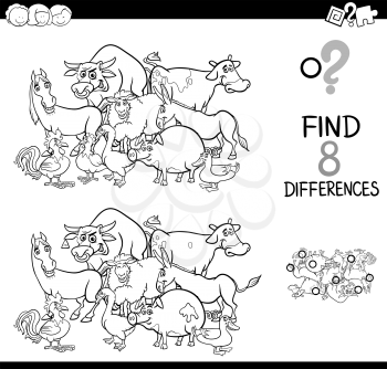 Black and White Cartoon Illustration of Finding Eight Differences Between Pictures Educational Activity Game for Kids with Farm Animal Characters Group Coloring Book