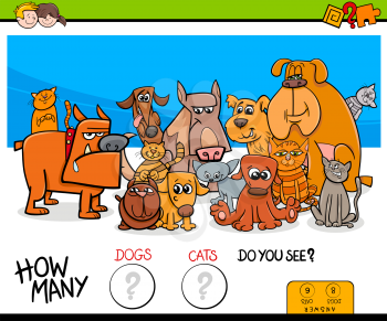 Cartoon Illustration of Educational Counting Game for Children with Cats and Dogs Domestic Animals Funny Characters Group