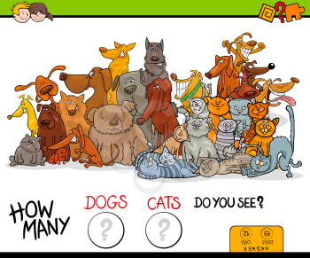 Cartoon Illustration of Educational Counting Game for Children with Dogs and Cats Animal Characters Group