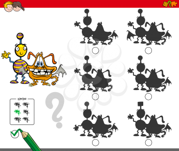 Cartoon Illustration of Finding the Shadow without Differences Educational Activity for Children with Comic Monster Characters