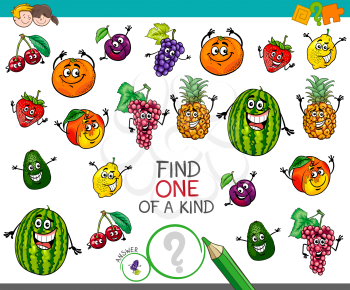 Cartoon Illustration of Find One of a Kind Educational Activity Game for Children with Fruits Funny Characters