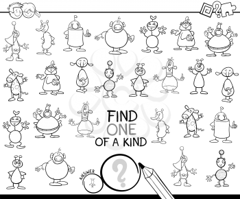 Black and White Cartoon Cartoon Illustration of Find One of a Kind Educational Activity Game for Children with Aliens Fantasy Characters Coloring Book