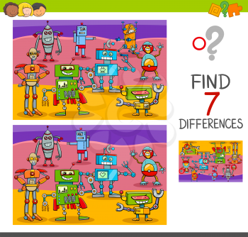Cartoon Illustration of Finding Differences Between Pictures Educational Activity Game for Kids with Robot Characters Group
