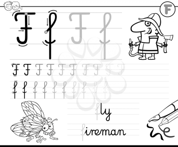 Black and White Cartoon Illustration of Writing Skills Practice with Letter F Worksheet for Preschool and Elementary Age Children Coloring Book