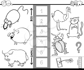 Black and White Cartoon Illustration of Educational Game of Finding the Biggest and the Smallest Animal Characters for Children Coloring Book
