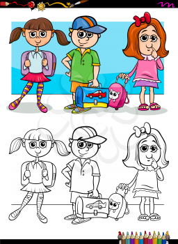 Cartoon Illustration of Elementary School Children Pupils Characters Coloring Book Activity