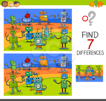 Cartoon Illustration of Finding Differences Between Pictures Educational Activity Game for Kids with Funny Robot Characters Group
