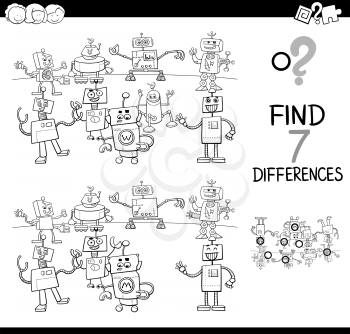 Black and White Cartoon Illustration of Finding Differences Between Pictures Educational Activity Game for Kids with Funny Robot Characters Group Coloring Book