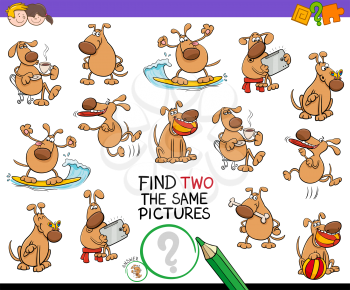 Cartoon Illustration of Finding Two Identical Pictures Educational Activity Game for Children with Funny Dog Characters
