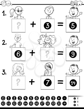 Black and White Cartoon Illustration of Educational Mathematical Addition Puzzle Game for Preschool and Elementary Age Children with Boys and Girls Characters Coloring Book