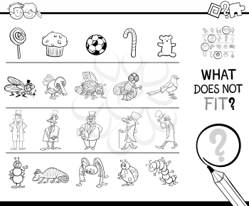 Black and White Cartoon Illustration of Finding Picture that does not Fit with the Rest in a Row Educational Activity with Comic Characters Coloring Book