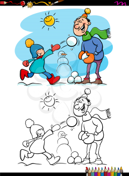 Cartoon Illustration of Father and Little Son Throwing Snowballs and Having Fun on Winter Coloring Book Activity