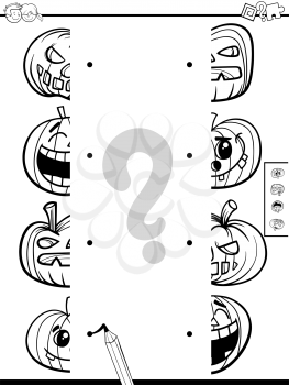 Black and White Cartoon Illustration of Educational Game of Matching Halves of Halloween Pumpkin Characters Coloring Book