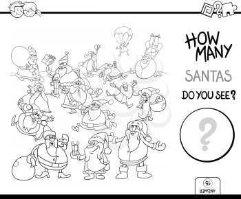 Black and White Cartoon Illustration of Educational Counting Game for Children with Santa Claus Christmas Characters Coloring Book
