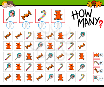 Cartoon Illustration of Educational How Many Counting Game for Children with Candy Sweets
