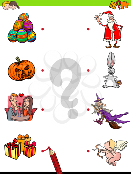 Cartoon Illustration of Educational Pictures Matching Game for Children with Holidays Characters and Objects