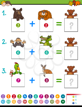 Cartoon Illustration of Educational Mathematical Addition Activity Game for Children with Wild Animal Characters