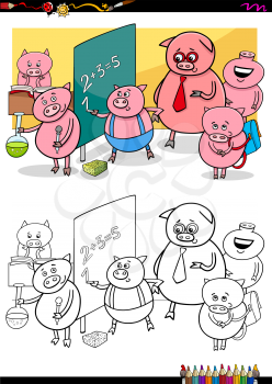 Cartoon Illustration of Piglets Animal Characters at School Coloring Book Activity