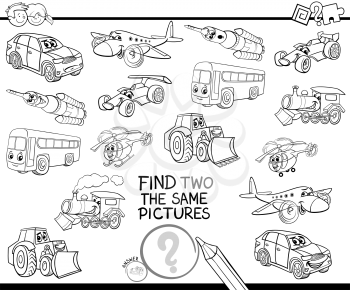 Black and White Cartoon Illustration of Finding Two Identical Pictures Educational Game for Children with Transport Vehicle Characters Coloring Book