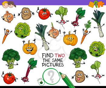 Cartoon Illustration of Finding Two Identical Pictures Educational Game for Children with Vegetable Characters