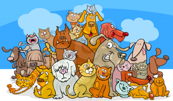 Cartoon Illustration of Funny Dogs and Cats Characters Group
