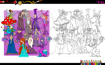 Cartoon Illustration of Wizards and Witches Fantasy Characters Group Coloring Book Activity