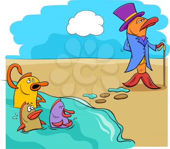 Cartoon Humorous Concept Illustration of Fish Out of Water Saying or Proverb