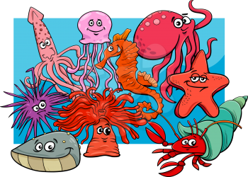 Cartoon Illustrations of Sea Life Animal Characters Group