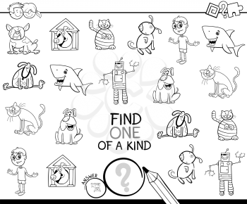 Black and White Cartoon Illustration of Find One of a Kind Educational Activity Game for Children with Funny Characters Coloring Book