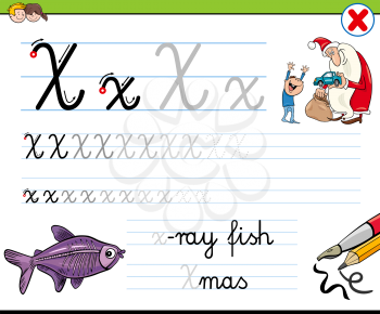 Cartoon Illustration of Writing Skills Practice with Letter X Worksheet for Preschool and Elementary Age Children