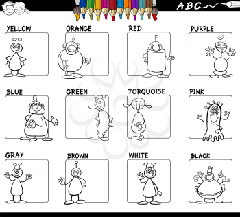 Black and White Cartoon Illustration of Basic Colors Educational Workbook Set for Children with Aliens Comic Characters