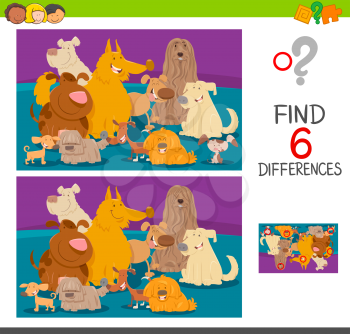 Cartoon Illustration of Find the Differences between Pictures Educational Game for Children with Dogs Animal Characters
