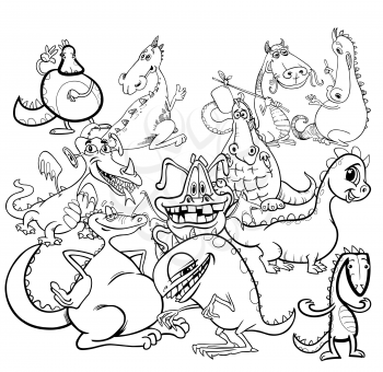 Black and White Cartoon Illustration of Dragons Fantasy Characters Group Coloring Book