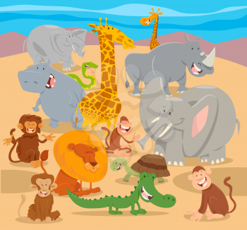 Cartoon Illustration of Happy Safari Animal Characters Group