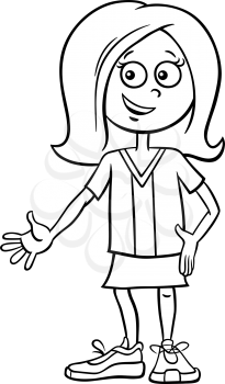Black and White Cartoon Illustration of Elementary School Age or Teenage Girl Coloring Book
