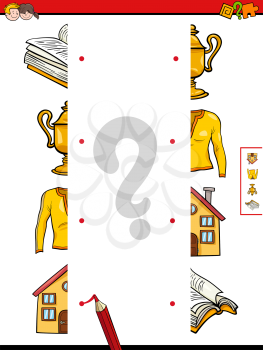 Cartoon Illustration of Educational Game of Matching Halves with Objects