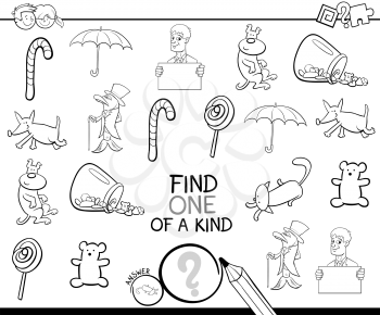 Black and White Cartoon Illustration of Find One of a Kind Educational Activity Game for Children with Funny Pictures Coloring Page