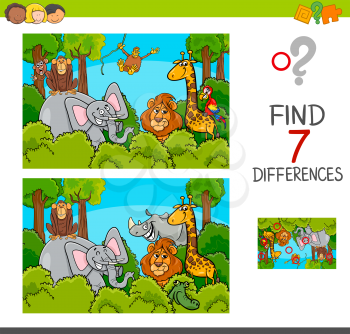 Cartoon Illustration of Find the Differences Between Pictures Educational Activity Game for Children with Wild Animal Characters Group