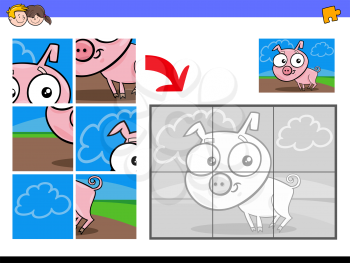 Cartoon Illustration of Educational Jigsaw Puzzle Activity Game for Children with Piglet Farm Animal Character