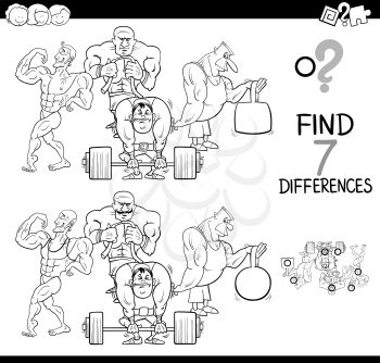 Black and White Cartoon Illustration of Finding Seven Differences Between Pictures Educational Activity Game for Kids with Bodybuilders Athlete Characters Group Coloring Book